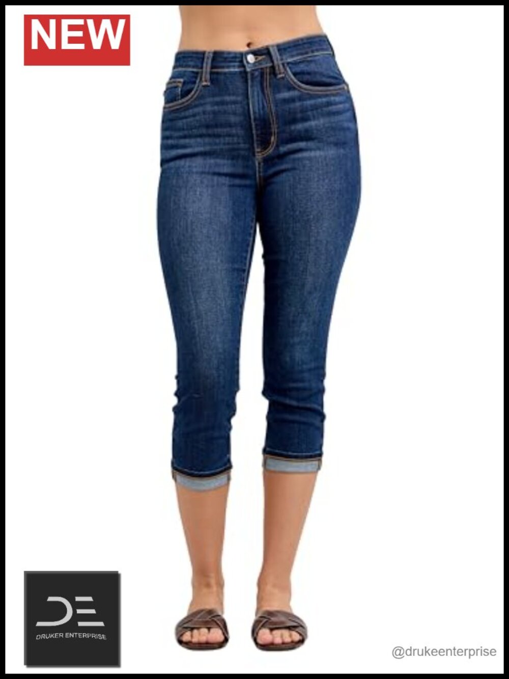 High Waisted Capri Jeans with Cuff Stretch Denim